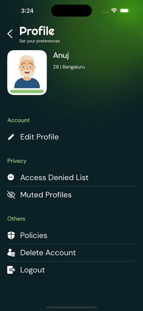 Spiko - Spiko app user profile page with privacy and account management settings