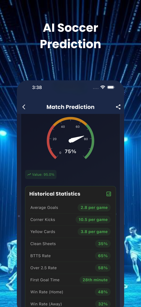 MatchIQ App-Bildschirm mit KI-Fußballspielvorhersage mit Gewinnwahrscheinlichkeitsanzeige und detaillierten historischen Statistiken