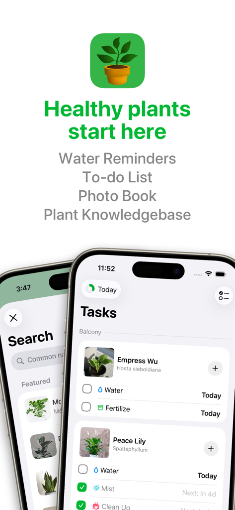 PlantPal: Plant Care - PlantPal app interface showing plant care tasks and watering reminders