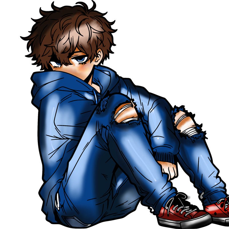 a male hoddie ripped jeans messy hair anime