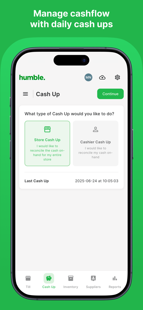 Humble POS - Interfaz de la aplicación Humble POS que muestra opciones de cierre de caja diario para la conciliación de la tienda y el cajero