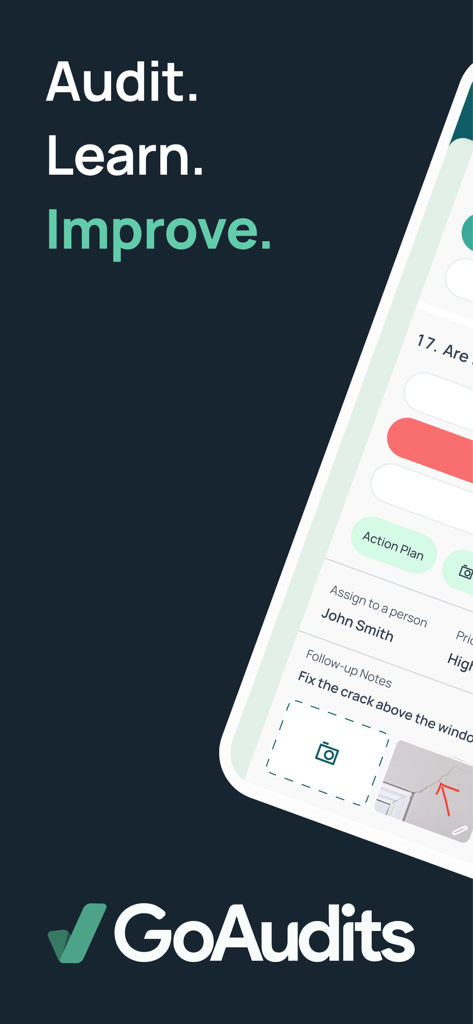 GoAudits mobile app interface showing an inspection checklist and assigned corrective action with photo annotation