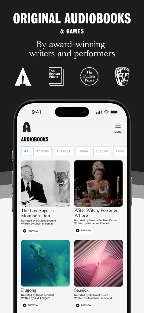 Alexander app screen showing a library of original audiobooks narrated by award winning actors.