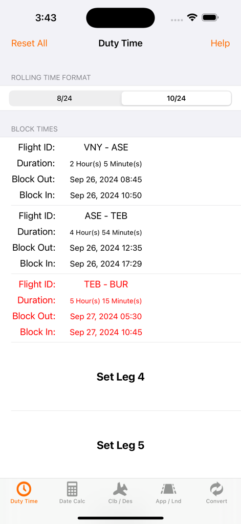 Pilot Duty & Performance Calc - パイロットのフライトブロックタイムと勤務時間追跡を示す、Pilot Duty and Performance Calcアプリのスクリーンショット。