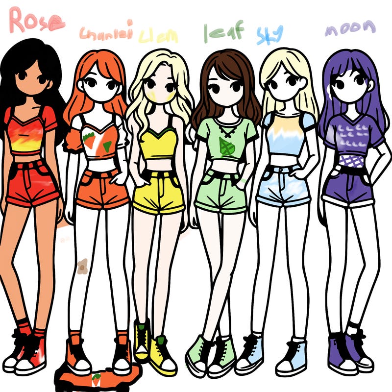 a group of girls wearing crop tops and shorts