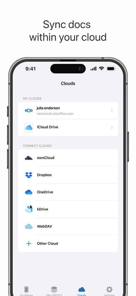 ONLYOFFICE Documents - ONLYOFFICE Documents app interface showing cloud storage connection options including Nextcloud, iCloud Drive, and Dropbox