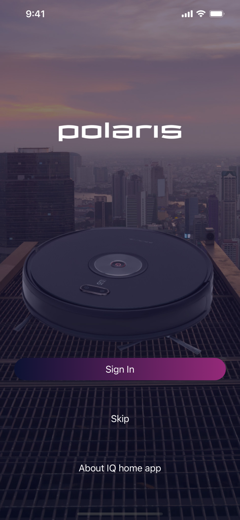 Polaris IQ Home app login screen featuring a robot vacuum cleaner with a city skyline background