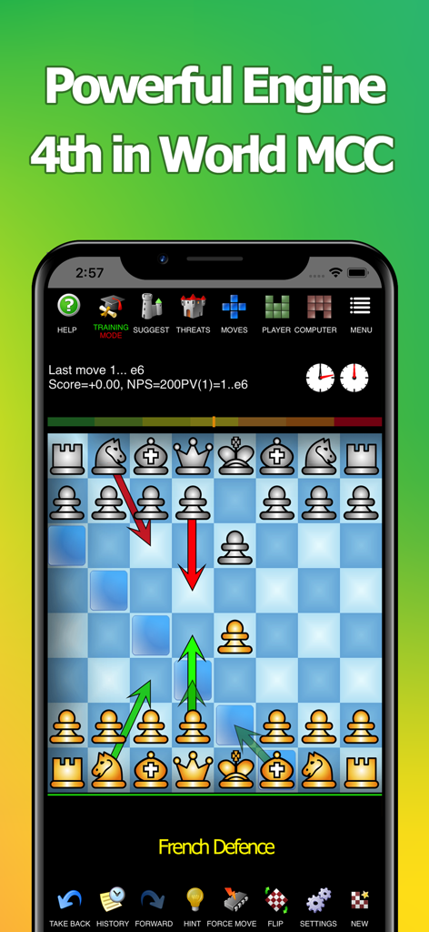 Juego de la aplicación Chess Pro que muestra el análisis de movimientos y la clasificación profesional del motor.