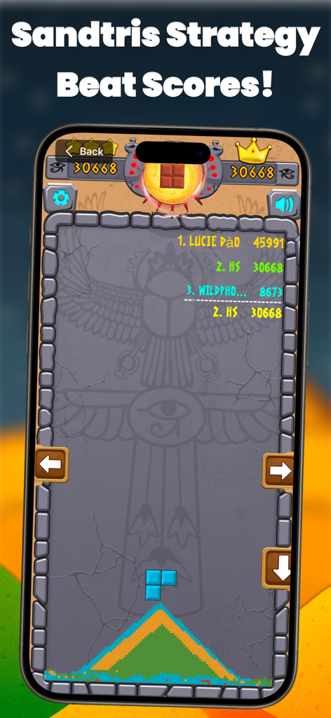 Sand Crush- Block Puzzle Blast - 플레이어 리더보드 점수와 모래로 녹아내리는 블록을 보여주는 Sand Crush 게임 화면.