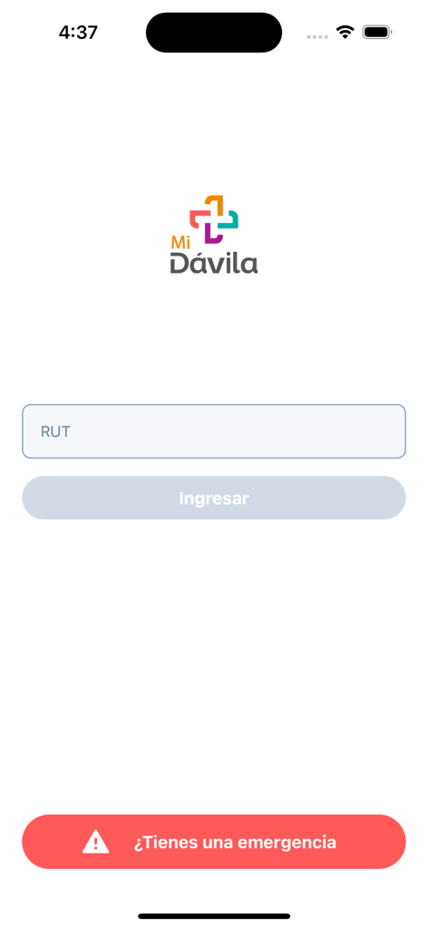Mi Dávila - Écran de connexion de l'application médicale Mi Davila avec un champ de saisie RUT et un bouton d'alerte d'urgence