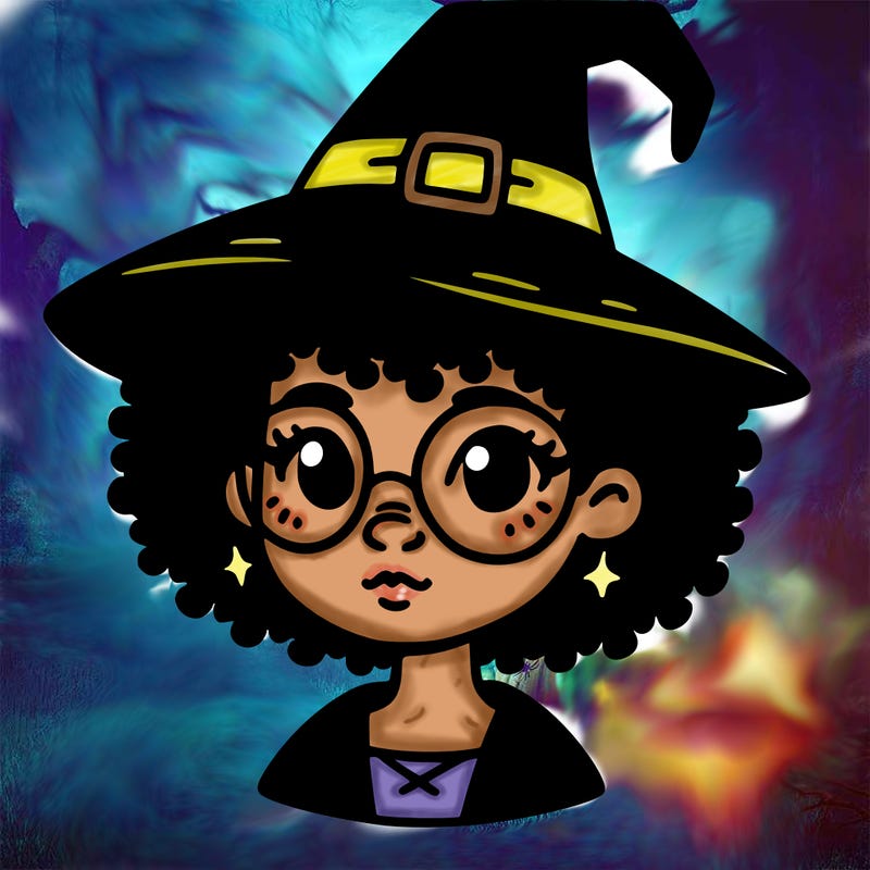 a black person who is a witch and has glasses