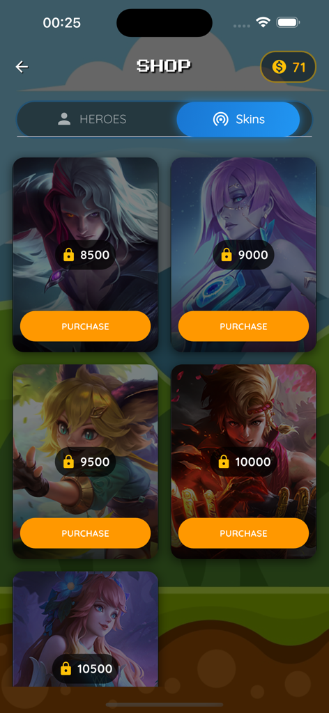 Refine Bang Bang - Skin Tool - Shop interface of the Refine Bang Bang app displaying various hero skins with coin prices and purchase buttons.
