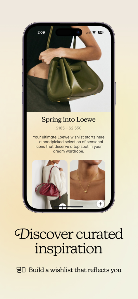 SpoilMe - Make a Wishlist - Pantalla de la aplicación SpoilMe que muestra inspiración de moda curada y artículos de lujo para una lista de deseos.