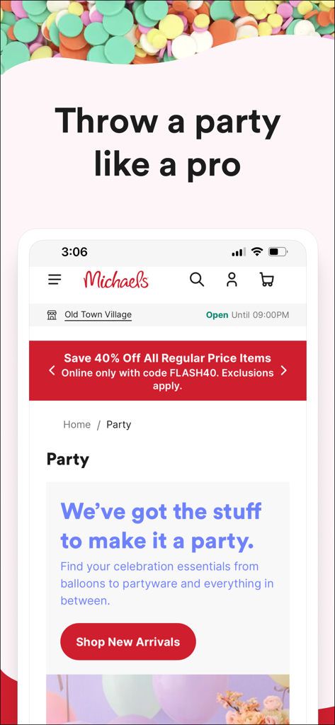 Michaels Stores - Michaels Stores app party section showing celebration essentials and a 40 percent discount coupon