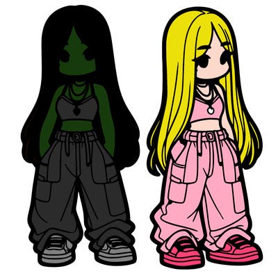 girl in baggy pants crop top and long hair