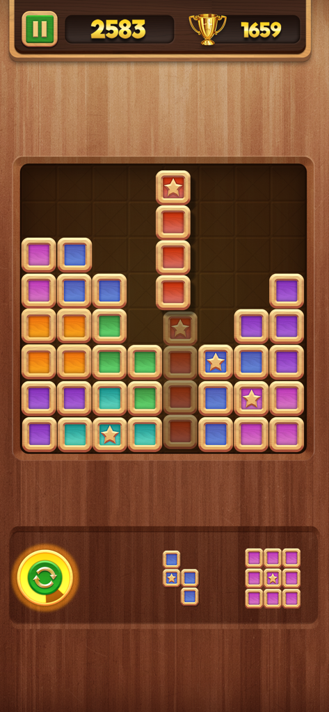 Pantalla de juego de Block Puzzle Star Finder mostrando bloques coloridos y estrellas en una cuadrícula de madera