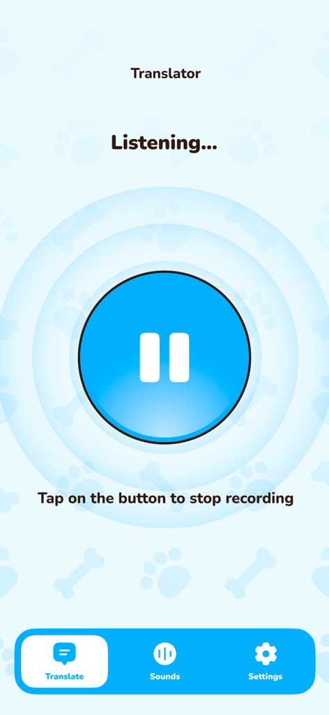 Dog Translator: Pet/Human Talk - Interface of the Dog Translator app showing the listening screen to record a dog bark