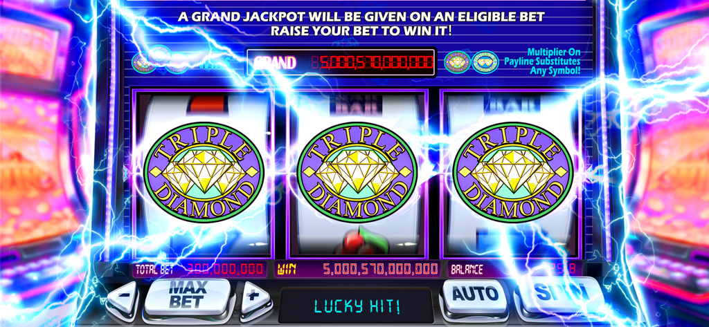 Interfaz de una máquina tragamonedas clásica de tres rodillos en la aplicación Lucky Hit con símbolos Triple Diamond y un enorme jackpot principal mostrado con efectos visuales eléctricos.