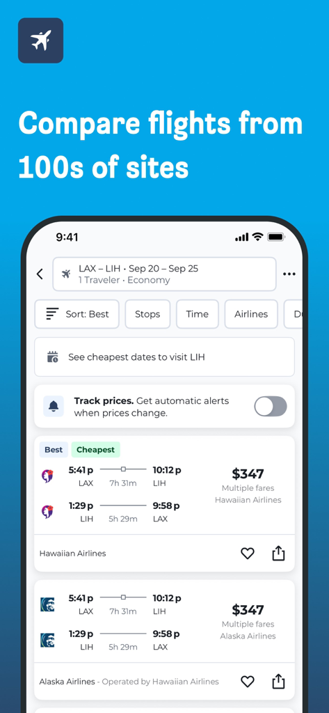 HotelsCombined app interface showing flight search results and price comparison from multiple airlines.