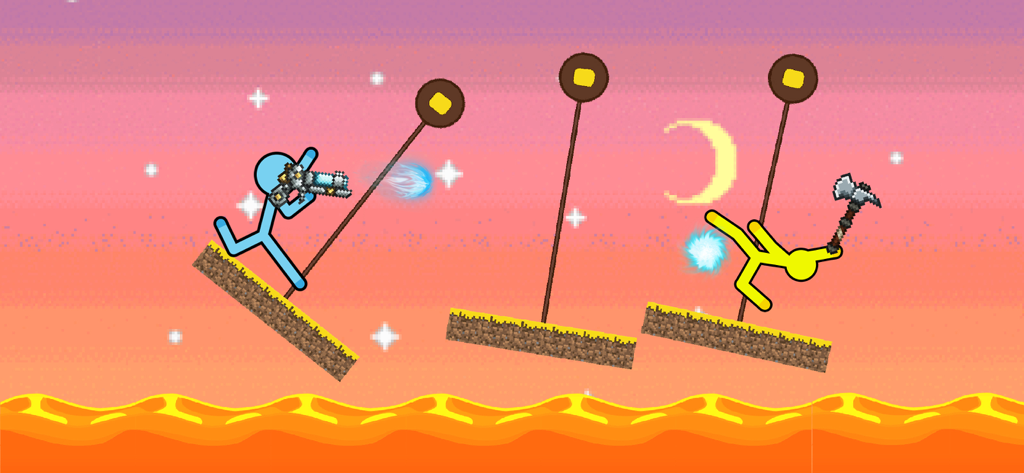 Supreme Stickman Craft Fight - Blue and yellow stickman characters fighting with a gun and axe in a pixelated craft world over lava
