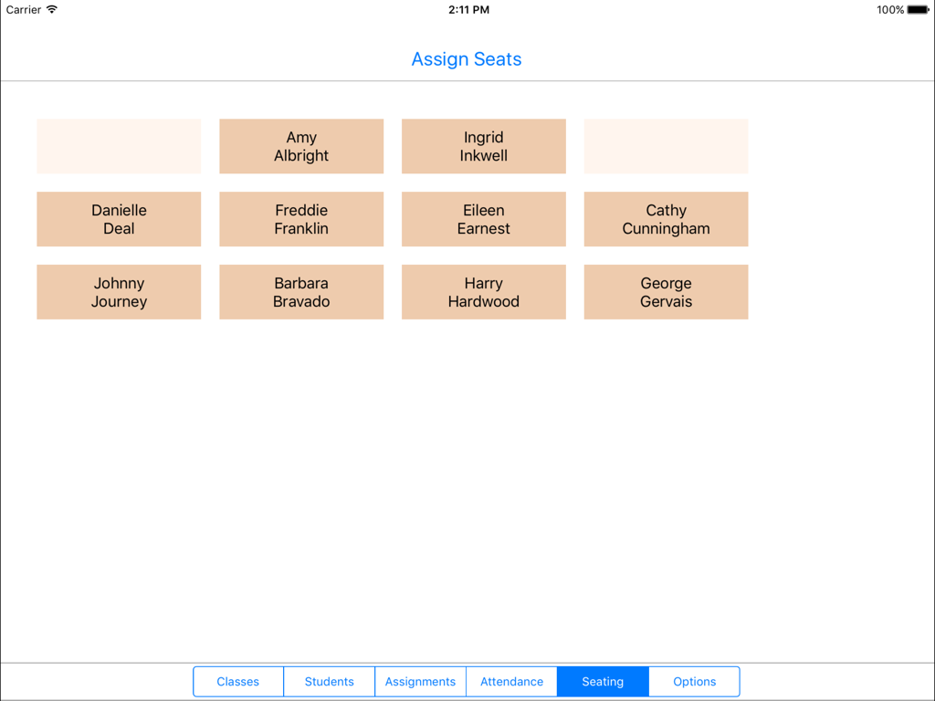Gradekeeper for iPad - A classroom seating chart view in the Gradekeeper app showing student name cards arranged in a grid