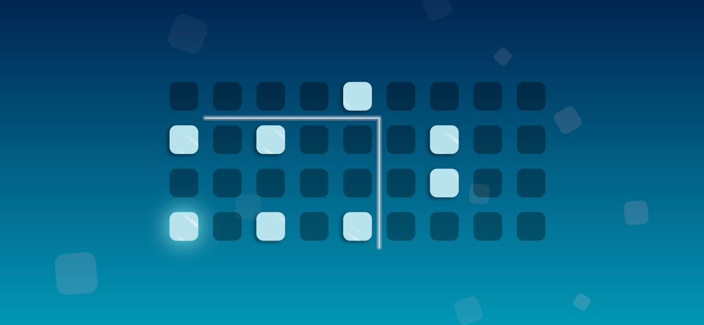 Harmony: Relaxing Music Puzzle - Minimalist symmetry puzzle gameplay with glowing squares on a blue background