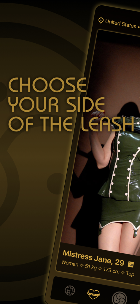 KINK People - BDSM Dating App - Profile screen of the KINK People dating app showing a user named Mistress Jane with the caption Choose your side of the leash