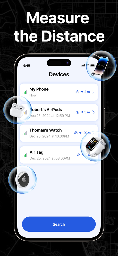 Pantalla de la app Air Find mostrando una lista de dispositivos Bluetooth rastreados con mediciones de distancia