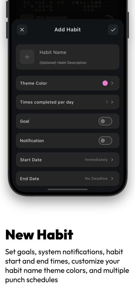 Smartphone screen showing the HabitDone app interface for creating a new habit with customizable options like theme color and notifications