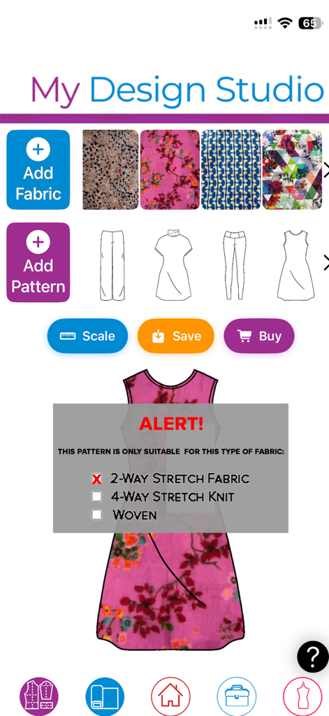 My DIY Fashion Design Studio - Uma captura de tela do Meu Estúdio de Design de Moda DIY mostrando um alerta de compatibilidade de tecido para um molde de costura.