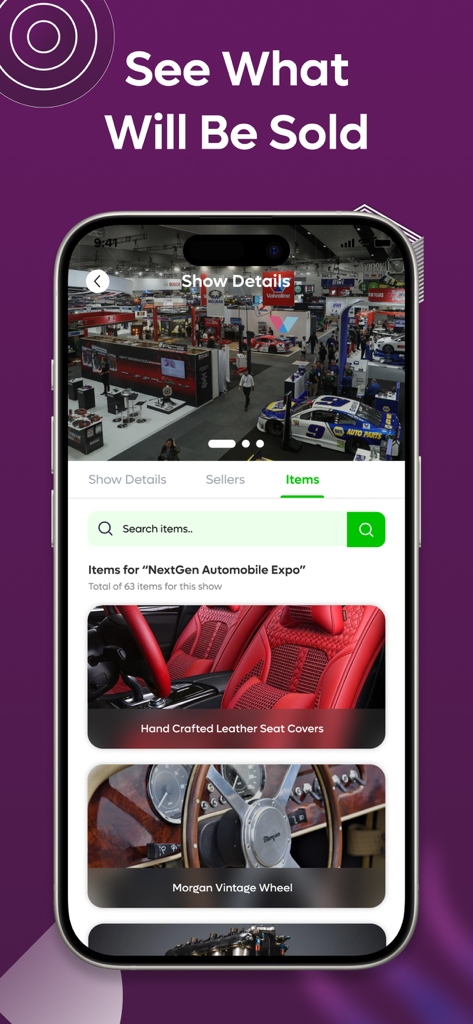 The FoundIt App - Tela do App FoundIt mostrando uma lista de itens disponíveis para venda em um evento local