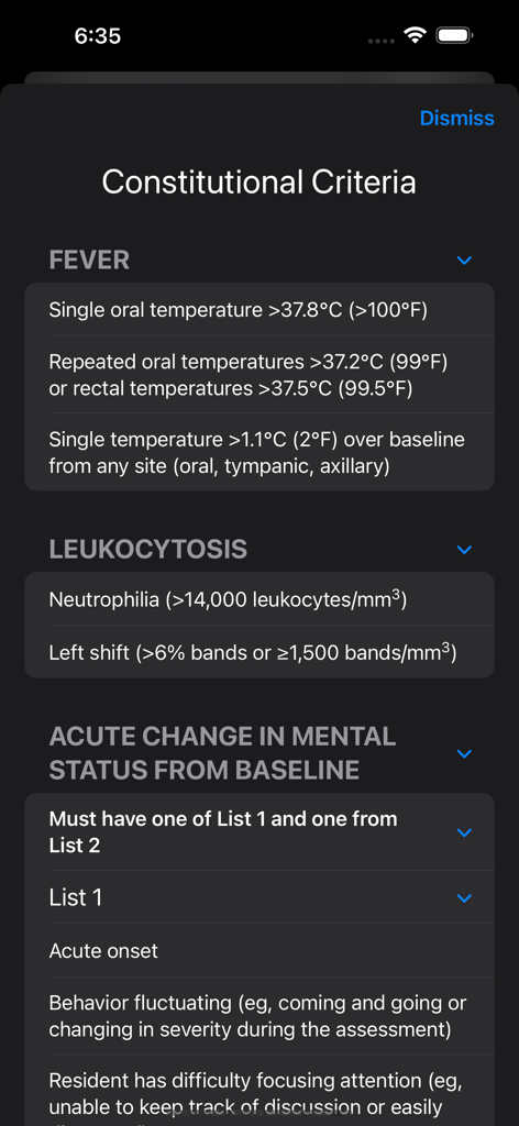 Infection Checker - Constitutional criteria screen showing fever and leukocytosis metrics in the Infection Checker app