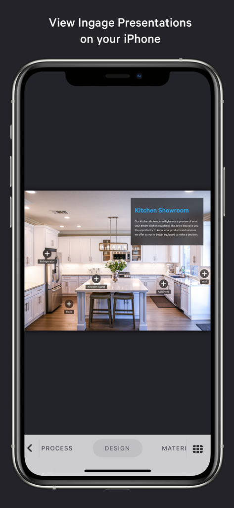 Interactive kitchen showroom presentation on Ingage mobile app for iPhone.