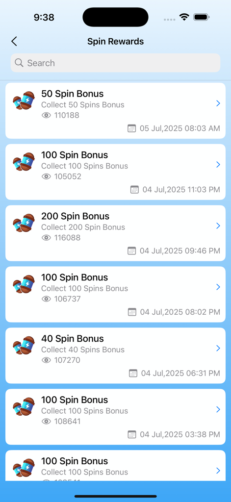 Una pantalla que muestra una lista de bonificaciones y recompensas de giros diarios para Coin Master con fecha y número de visualizaciones.