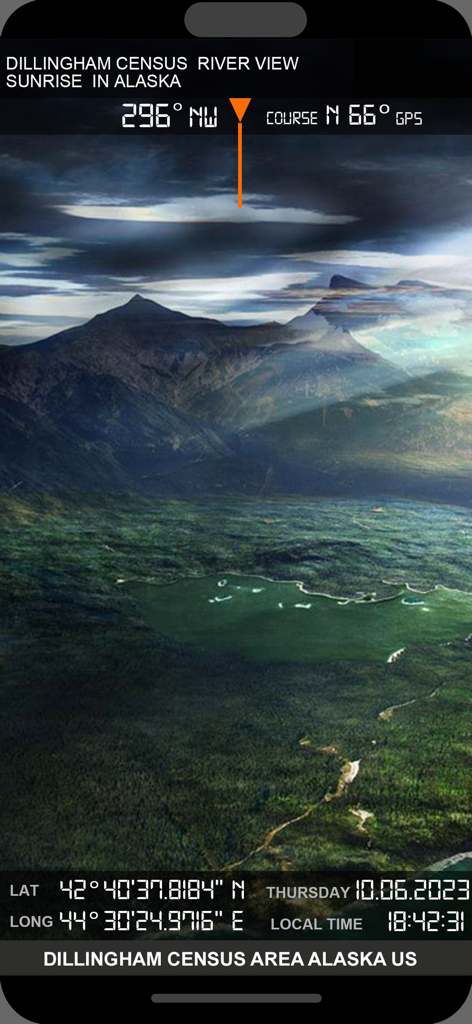 Compass i16 GeoTag GPS Camera - Geotagged photo of an Alaska landscape with GPS coordinates and compass heading overlay