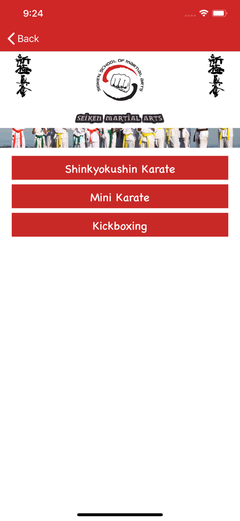 Seiken - Seiken Martial Arts mobile app menu featuring Shinkyokushin Karate, Mini Karate, and Kickboxing categories