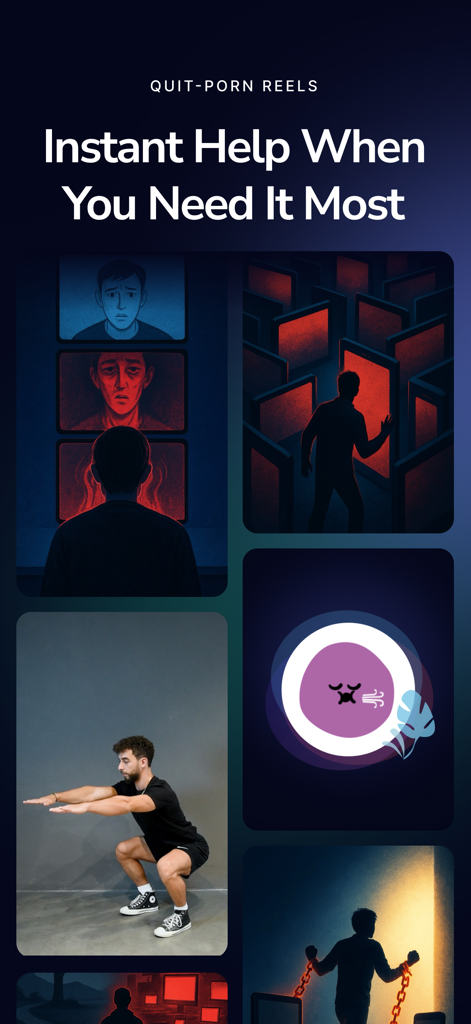 QuitBuddy: No Nut - Quit Porn - Interface do aplicativo QuitBuddy mostrando o recurso Quit-Porn Reels com ferramentas de ajuda instantânea, incluindo exercícios físicos e técnicas de respiração