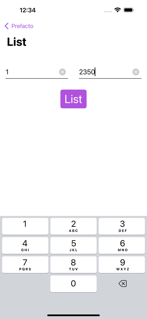 Prefacto app screen for listing prime numbers within a specific range