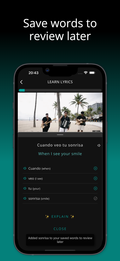 LyricFluent mobile app interface showing how to save Spanish song lyrics for vocabulary review while watching a music video.