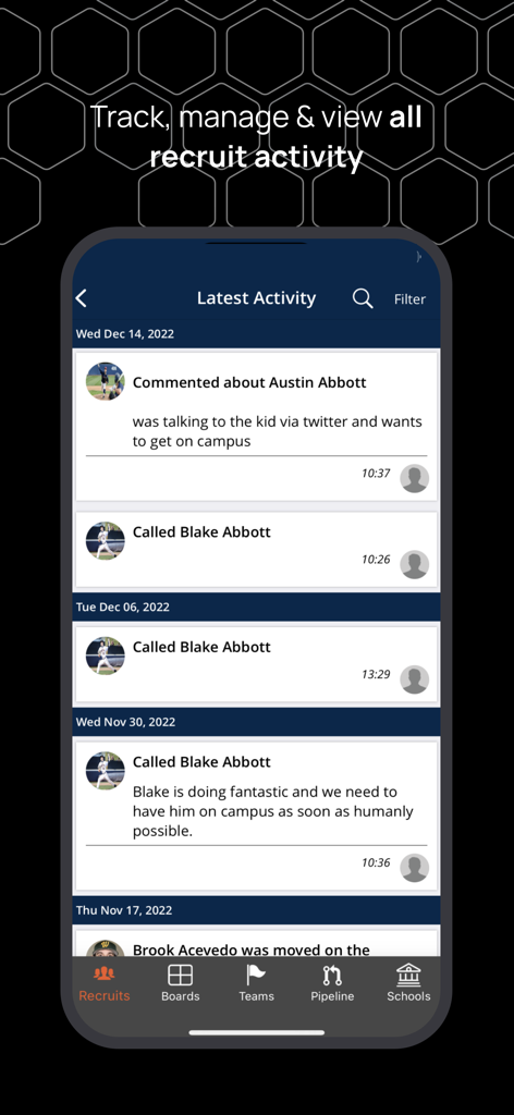 TW Compliance + Recruiting - A mobile interface of the TW Compliance and Recruiting app displaying a log of latest recruit activity including calls and comments.