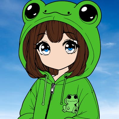 cute realistic girl in a froggy hoodie