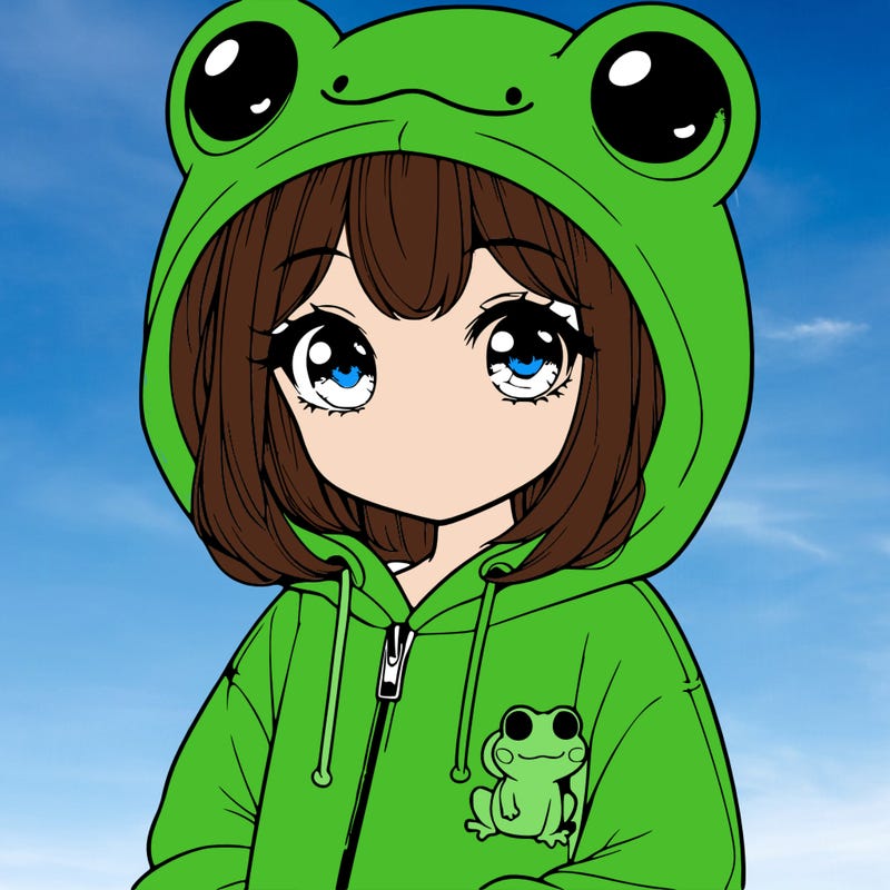cute realistic girl in a froggy hoodie