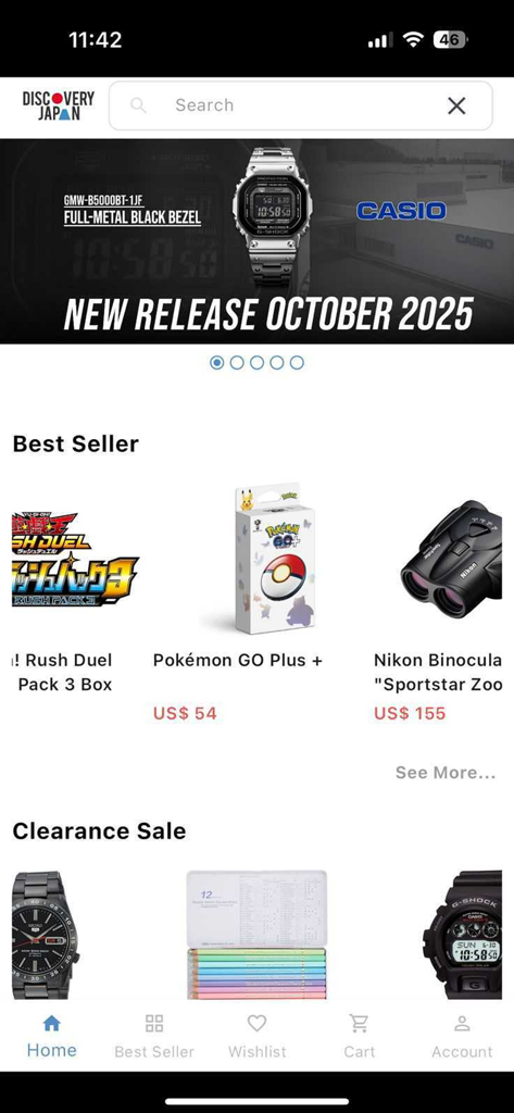 Discovery Japan Mall app home screen showing best seller products and a Casio watch banner