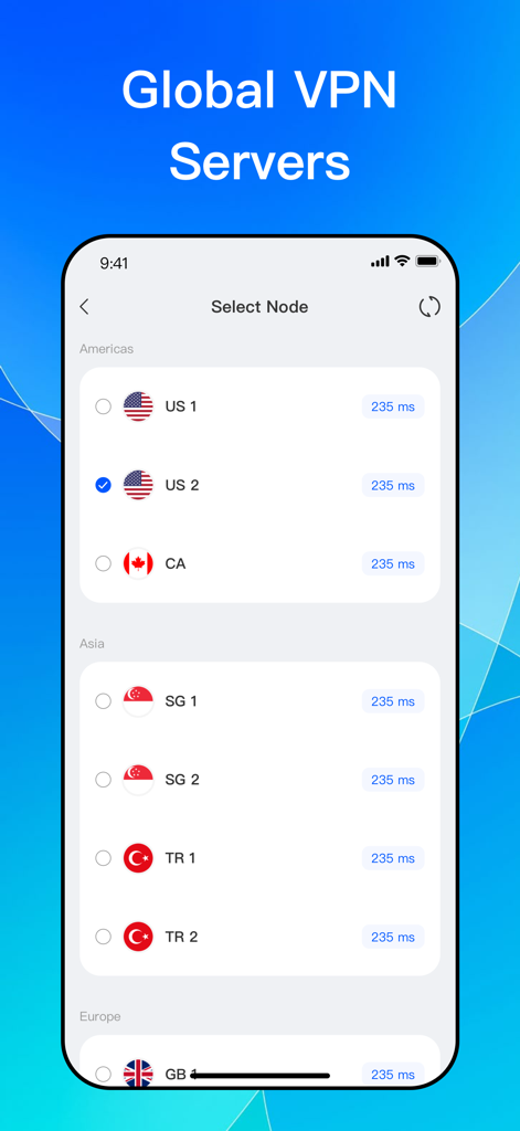 Open VPN-Unlimited Proxy - Pantalla de selección de servidor VPN global que muestra varias ubicaciones internacionales y velocidades de conexión