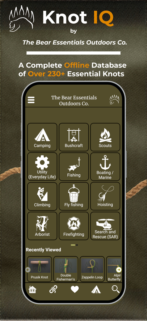 Knot IQ - The Bear Essentials - Main screen of the Knot IQ app displaying various knot categories including camping, fishing, and climbing