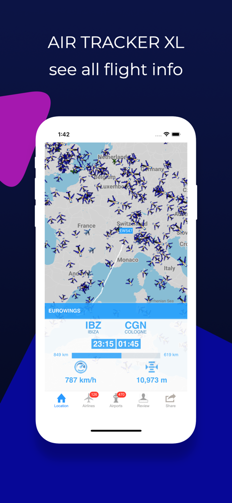 Air Tracker XL - La aplicación Air Tracker XL muestra un mapa de radar de vuelos en tiempo real con posiciones de aeronaves en vivo y detalles de vuelo