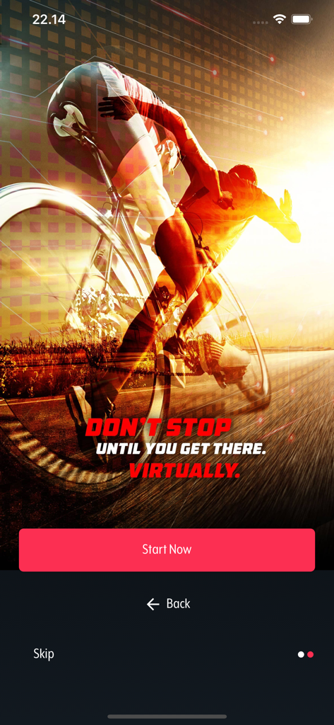 99 Virtual Race - Introductory screen of the 99 Virtual Race app featuring a runner and cyclist with a Start Now button