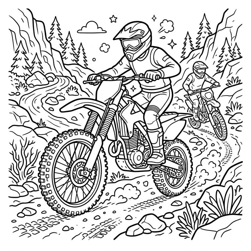 Feel the thrill of the ride with this exciting off-road motorcycle coloring template. Perfect for adventurers of all ages, it brings the rugged world of dirt biking to your fingertips.
