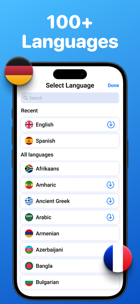 AI Translator・Translate Camera - Interface showing a list of over one hundred available languages for translation in the AI Translator app