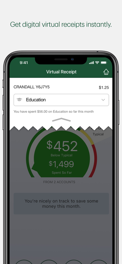 TD MySpend app interface showing a virtual receipt and a spending insights meter.